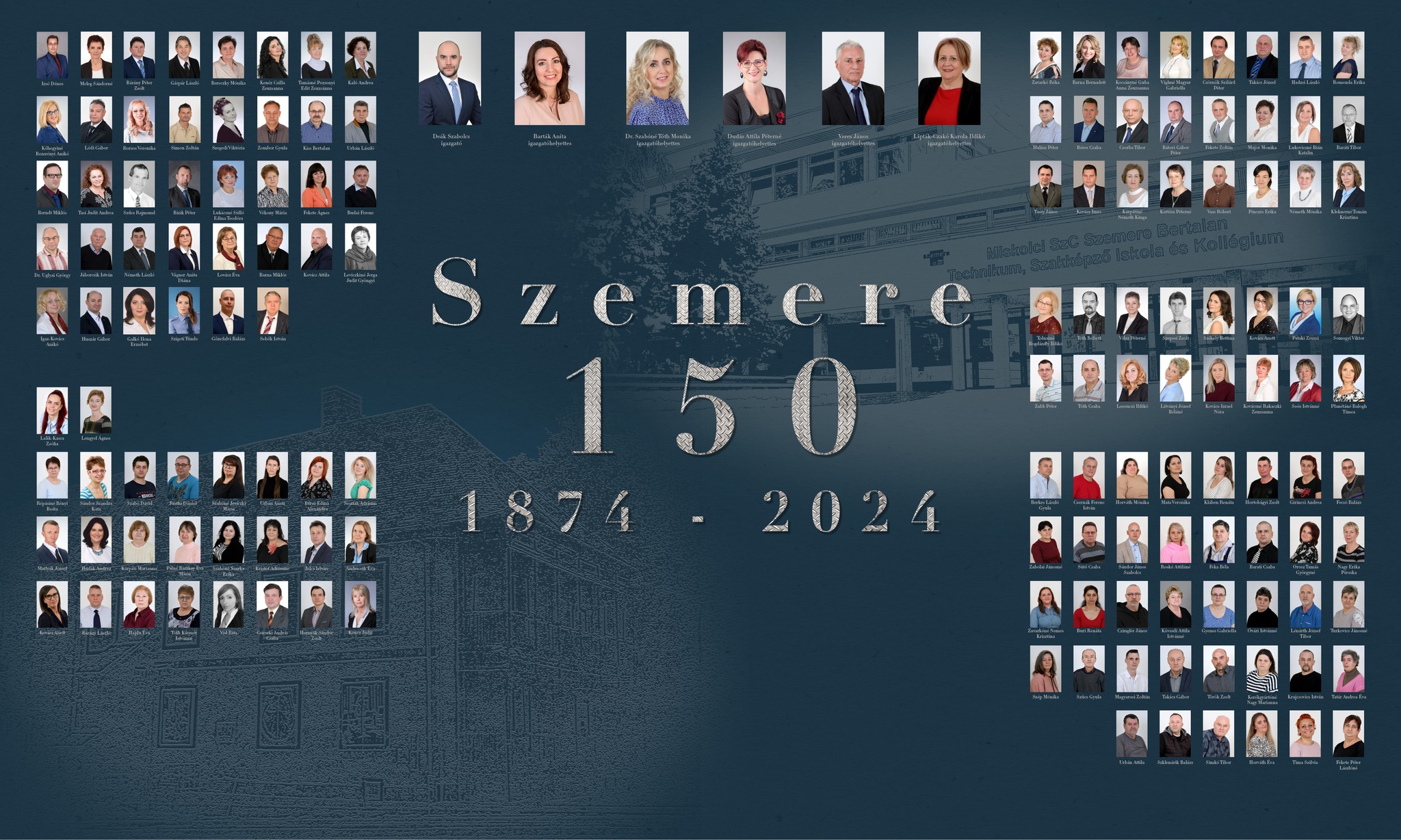 Tabló, melyen a 150 éves iskola minden jelenlegi dolgozójának fotója látható.